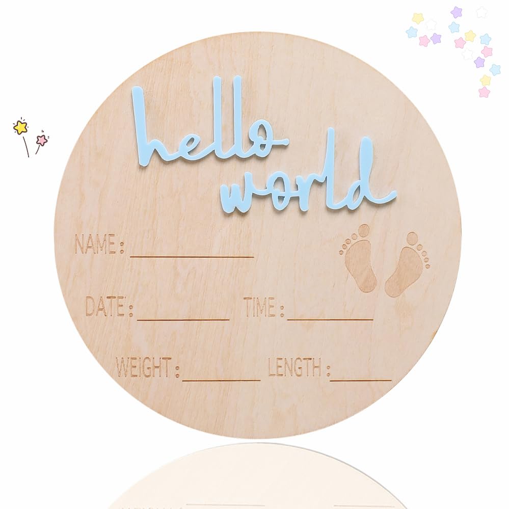 Image of Ylsteed Baby Announcement Signs Baby Milestone Cards Wooden Newborn Photography Props Baby Birth Announcement Sign Hello World Newborn Sign Baby Shower Hospital Nursery for Boy and Girl 6 Inch-Blue