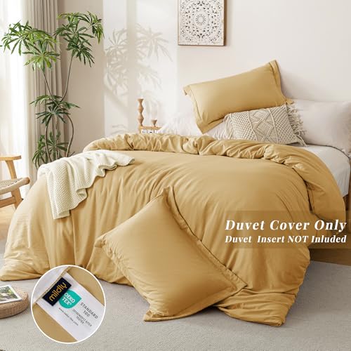 Image of MILDLY Duvet Cover King Ultra Soft Comforter Cover Set 3pcs, Yellow | Washed Microfiber Cotton-Like, Breathable Comfort, Hidden Zipper, Corner Ties, OEKO-TEX Certified, Fade Resistant