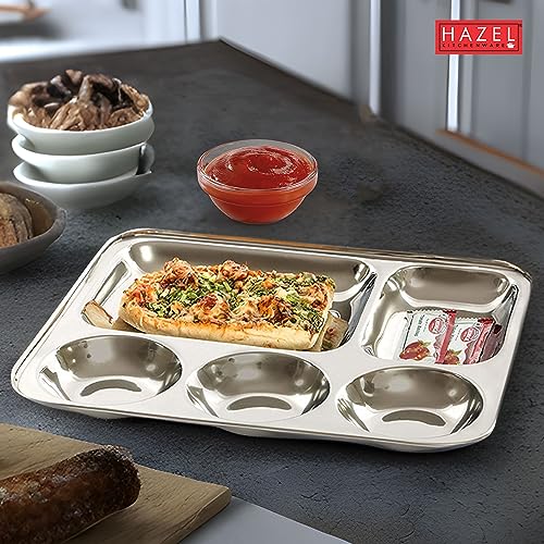 Image of HAZEL Stainless Steel Compartment Mess Plate | Steel Rectangle Bhojan Thali with Round Holes, Set of 6