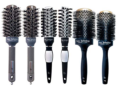 Hairbrush Set (6 Pcs), Round Ceramic Ionic Nano Technology Hair Brushes by Better Beauty Products, 1in to 2.5in (25/32/32/43/53/65mm) Barrel, 3 Bristle Styles/Color Combos, Professional Salon Brushes