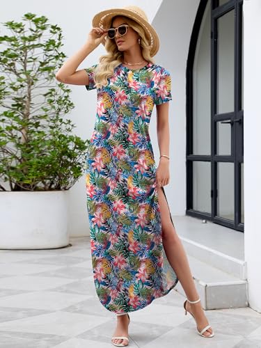 Image of Heymoments Womens Summer Maxi Dress Short Sleeve Casual Loose Long T Shirt Split Vacation Beach Sundress with Pockets