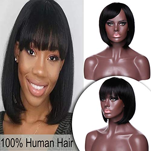 10" Human Hair Bob Wigs with Bangs Short Straight Brazilian Virgin Hair Shoulder Length Machine Made Full Wigs for Women Glueless Free Part #1B Natural Black