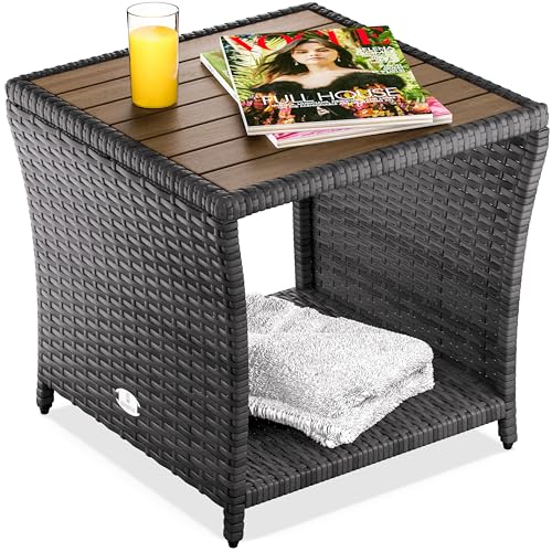 Casaria® Table d'appoint en polyrotin 45x45x40cm Gris avec Plateau en Bois d'acacia Petite Table...