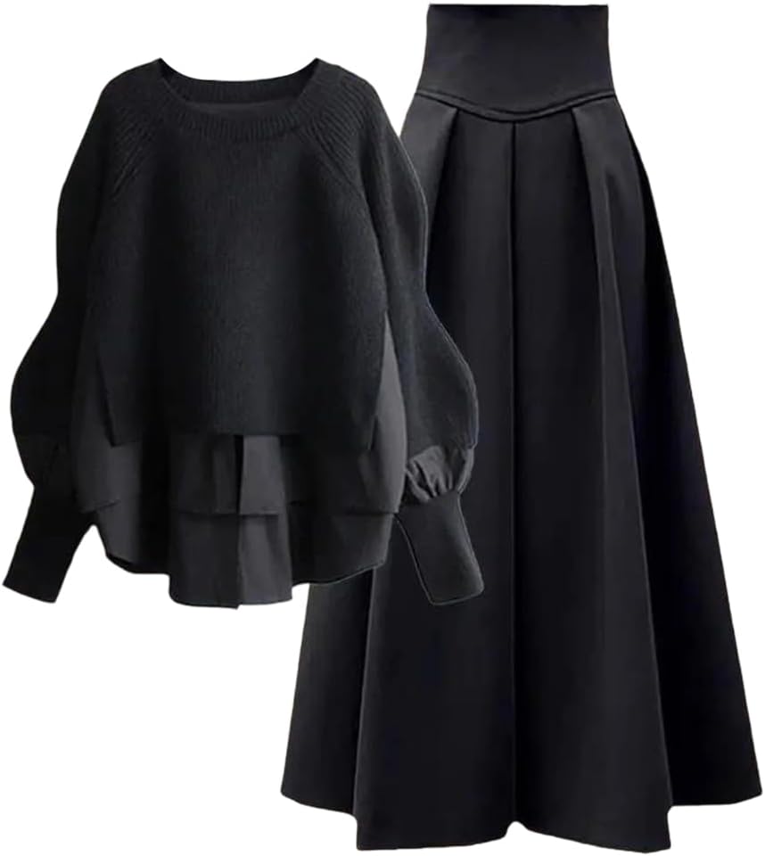 レディース 春秋 スプライスフェイクツーピースニットセータードレス マッチングセット プルオーバースカートセット