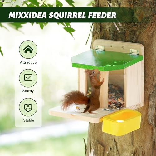 MIXXIDEA Wooden Squirrel Feeders for Outside with Water Bowl, Large Capacity, Sturdy Squirrel Feeder House with Thick Wood, No Assembly Required, for Backyard Outside Garden (Green)