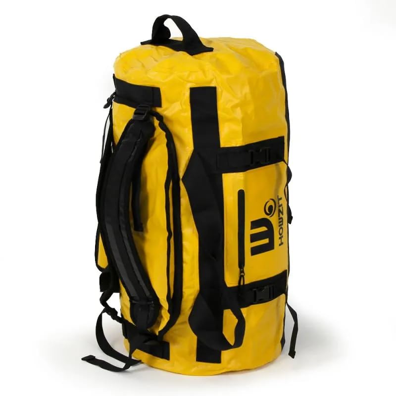 Howzit Sac de Voyage Étanche 60L – Grand Duffel Bag Imperméable en Polyester 500D – Convertible Sac à Dos ou Main – Coutures Soudées & Zip Étanche – Idéal Camping, Kayak et Nautisme (Jaune)
