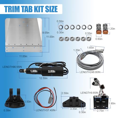 Image of 9 inch x 12 inch Standard Trim Tab Kit for Boats Size 16-25ft 15001-101 15101-104 | w /Double Rocker Switches 12V Electric Trim Tabs for Boats, w /6.6ft Switch Harness, Stainless Steel Planes