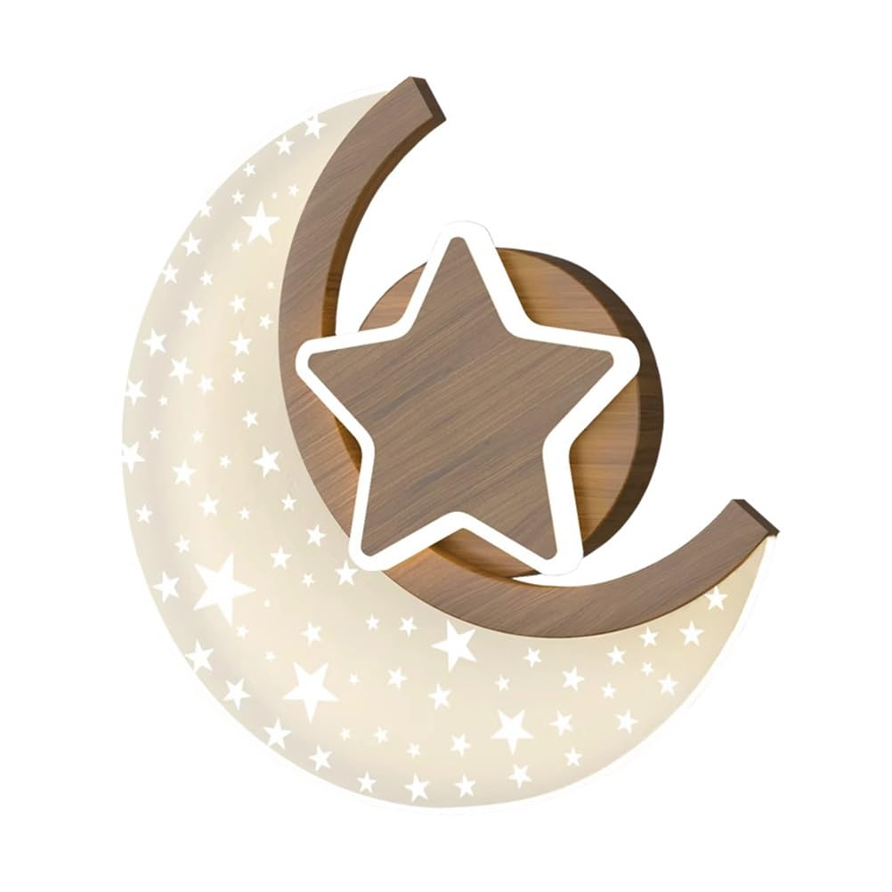 EOEO LED Mond Stern Wandleuchte Innen 12W Kinderzimmer Wandlampe aus Aluminium in Holzoptik 3000K/4000K/6000K Wand Nachttischlampe Junge Mädchen Kinder Wandbeleuchtung für Schlafzimmer Babyzimmer