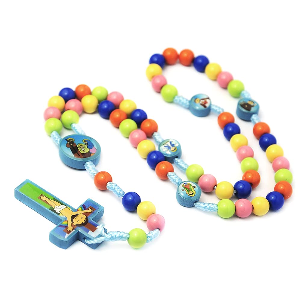Kimu Collar de rosario con colgante de cruz de Jesús, joyería religiosa para niños y niñas, 8mm, Madera, Perla