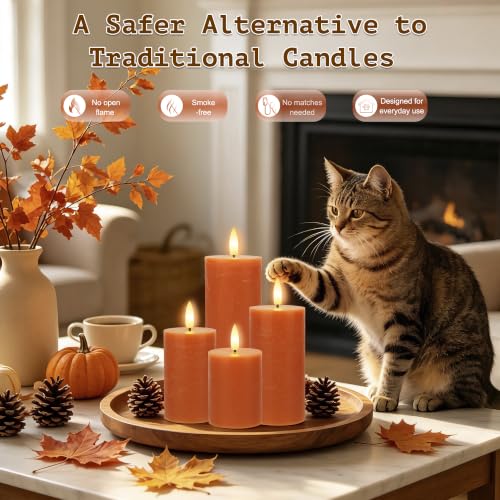 Image of Orange Flickering Flameless Candles, Real Wax Battery Operated Candles with Remote, Flat Top Led Flameless Pillar Candles for Home, Wedding, Party Decor, Set of 4