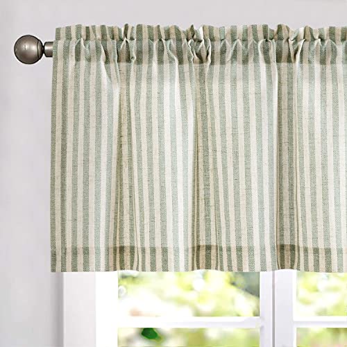 jinchan Valance Curtain Linen Textured Striped Window Curtain for Living Room Light Filtering Ticking Stripe Farmhouse Valance for Kitchen Rod Pocket 1 Panel 16 Inch Sage Green on Beige 1 Panel