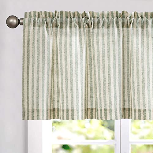 JINCHAN Valance Linen Textured Stripe Pattern Short Curtains for Kitchen Bathroom Rod Pocket Window Treatments 1 Panel 16" Sage on Beige