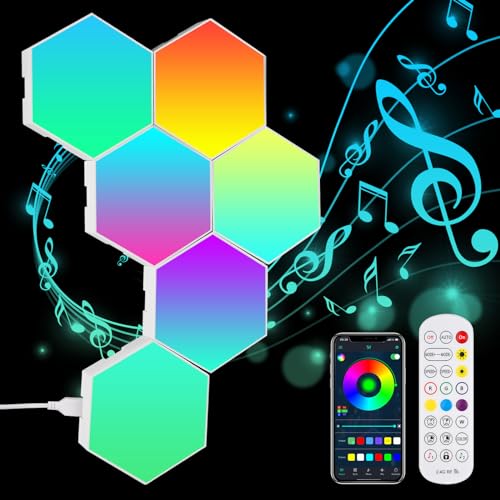 Hexagon LED Lights, 6 Pack Hex Wall Light RGB Gaming Panels, Hexagonal Smart Lighting Panel Sync to Music for Living Room, Bedroom, Gaming Room Decor, Gift for Kids and Adults Hexagon LED Lights, 6 Pack Hex Wall Light RGB Gaming Panels, Hexagonal Smart Lighting Panel Sync to Music for Living Room, Bedroom, Gaming Room Decor, Gift for Kids and Adults