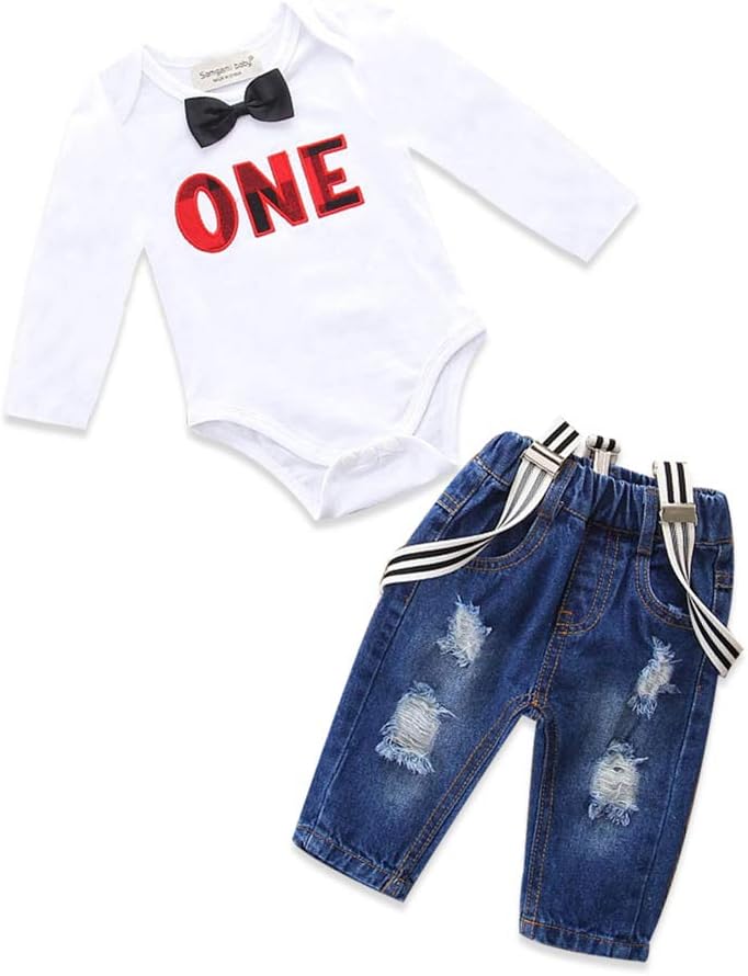 PinleckToddler Baby Boy Birthday Clothes Set Bowtie Romper Suspenders Ripped Denim Pants Outfits