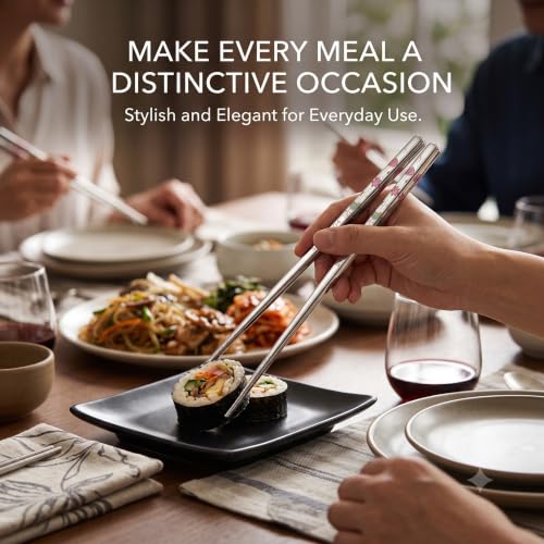 Image of RIANZ Metal Chopsticks Reusable Dishwasher Safe, Chinese Japanese Korean 316 Stainless Steel Chopstick, Square Fancy Color Laser Engraved Chopstick for Cooking Eating, Non-Slip 1 Pair (Style 3)