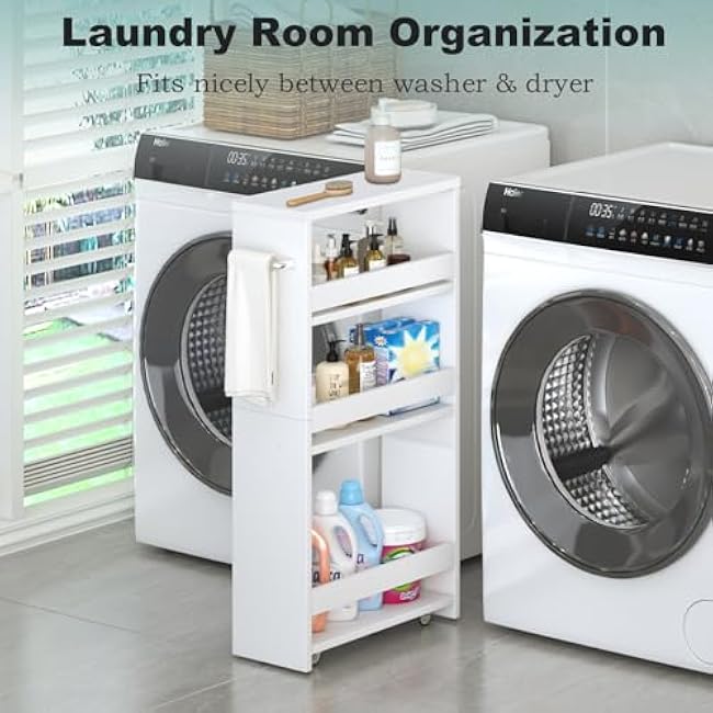 MARTY White Slim Storage Cart with Wheels, 4 Tier Rolling Utility Cart with Handle Slide Out Shelving Unit Organizer Trolley for Laundry Kitchen Bathroom Narrow Places Small Corner-EyM7CBKe