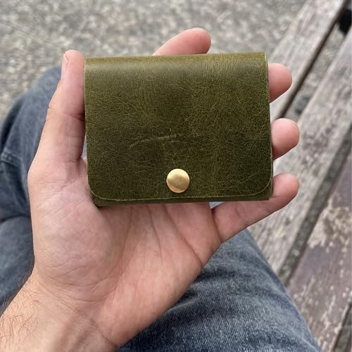 Image of Strutt Crushed Textured Genuine Leather Batua Wallet for Men & Women | Handcrafted Olive Green Leather Cash & Card Holder | Snap Button Closure | Compact Ethnic Money Pouch