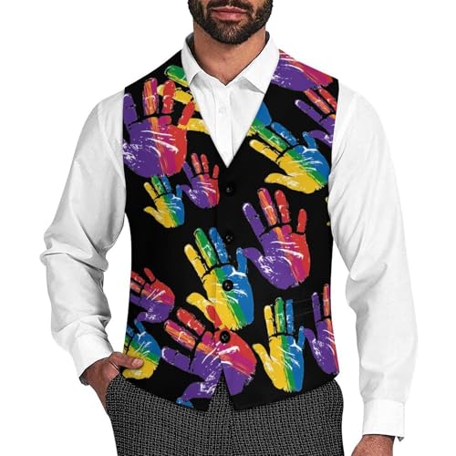 Rainbow Hand Men's Suit Vests Business Formal Dress Vest V-Neck Waistcoat for Wedding Casual