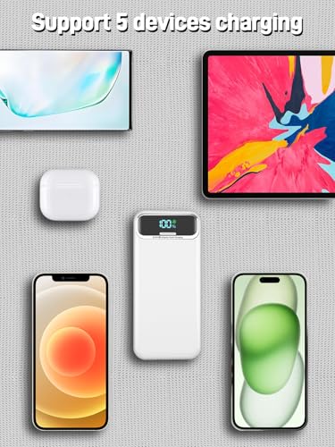 Image of Nusyddy Portable Charger 20000mAh 22.5W w /Built-in Cables & Wall Plug White | 22.5W Fast Charging, High Capacity, LED Display, Charge 5 Devices at once, TSA Approved, Compatible with iPhone /iPad /Samsung