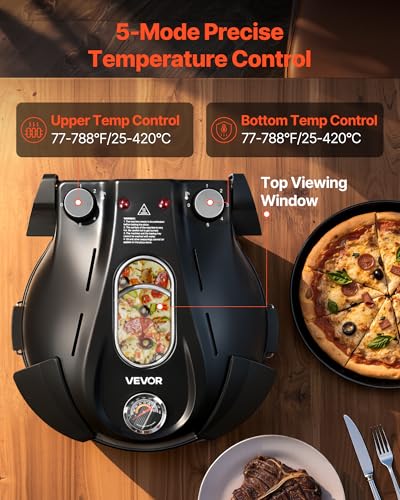 Image of VEVOR Indoor Pizza Oven, 12-Inch Electric Pizza Maker, Max 788F Countertop Cooker with 5 Heat Levels, 1200W Dual Temp Controls, Compact Home Pizza Oven with Viewing Window & Thermometer, Black