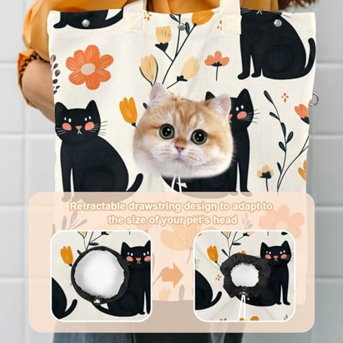 Sac de transport en toile imprimé fleurs chats noirs pour balades urbaines et visites