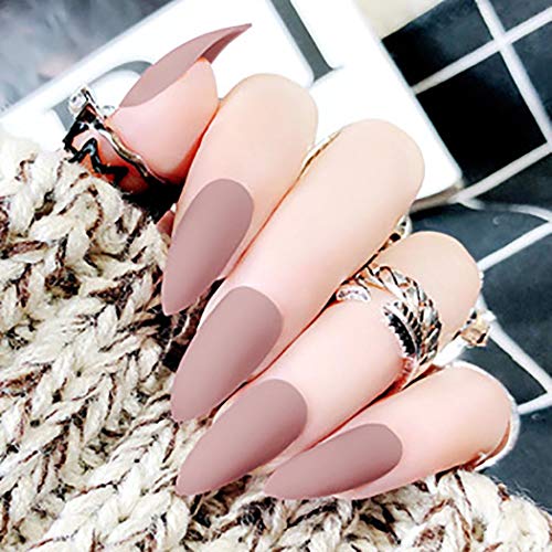Drecode Fashion Matte Fake Nails Red Full Cover Acrylic False Nail Tip Party Clip Press on Nails for Women and Girls(24Pcs) (Brown)