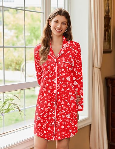 Image of Ekouaer Nightgowns for Women Long Sleeve Night Gown Button Pajama Dress