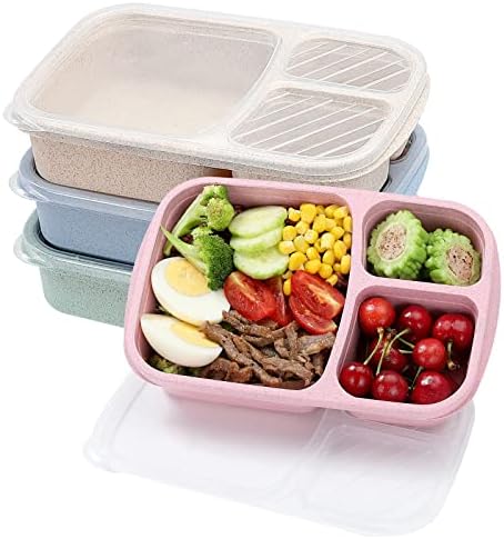 buluker 4 Pack Bento Lunch Box Set 3 Compartment Wheat Straw Meal Prep Food Storage Containers Plastic, Microwave and Dishwasher Safe (3 Compartment)