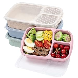 4 Pack Bento Lunch Box Set 3 Compartment Wheat Straw Meal Prep Food Storage Containers Plastic, Microwave and Dishwasher Safe (3 Compartment)