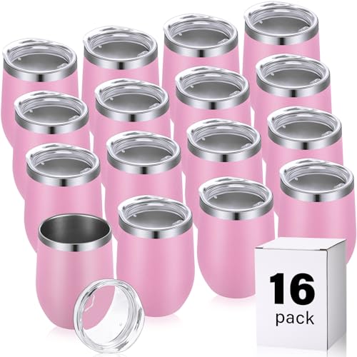 Remagr 16 Pack Stainless Steel Wine Tumblers 12 oz Insulated Vacuum Wine Cup Set Double Wall Stainless Steel Stemless Mug Glasses for Coffee Soda Whiskey Outdoor Travel (Pink)