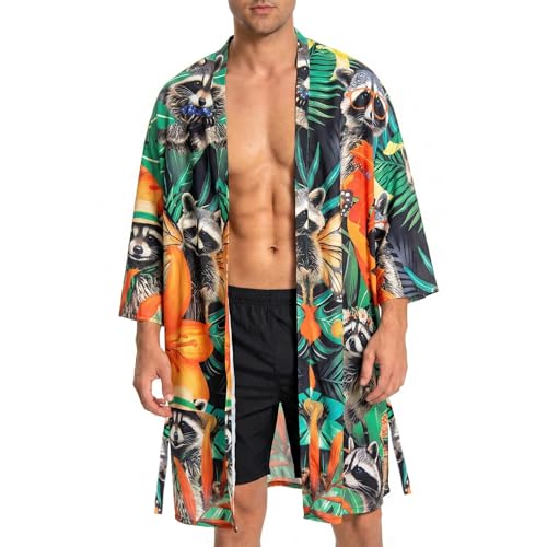 Image of OLAOLA Men Lightweight Kimono Robe with Belt Japanese Style Robe Jacket Casual Open Front Long Cardigan Cape Coat Outwear