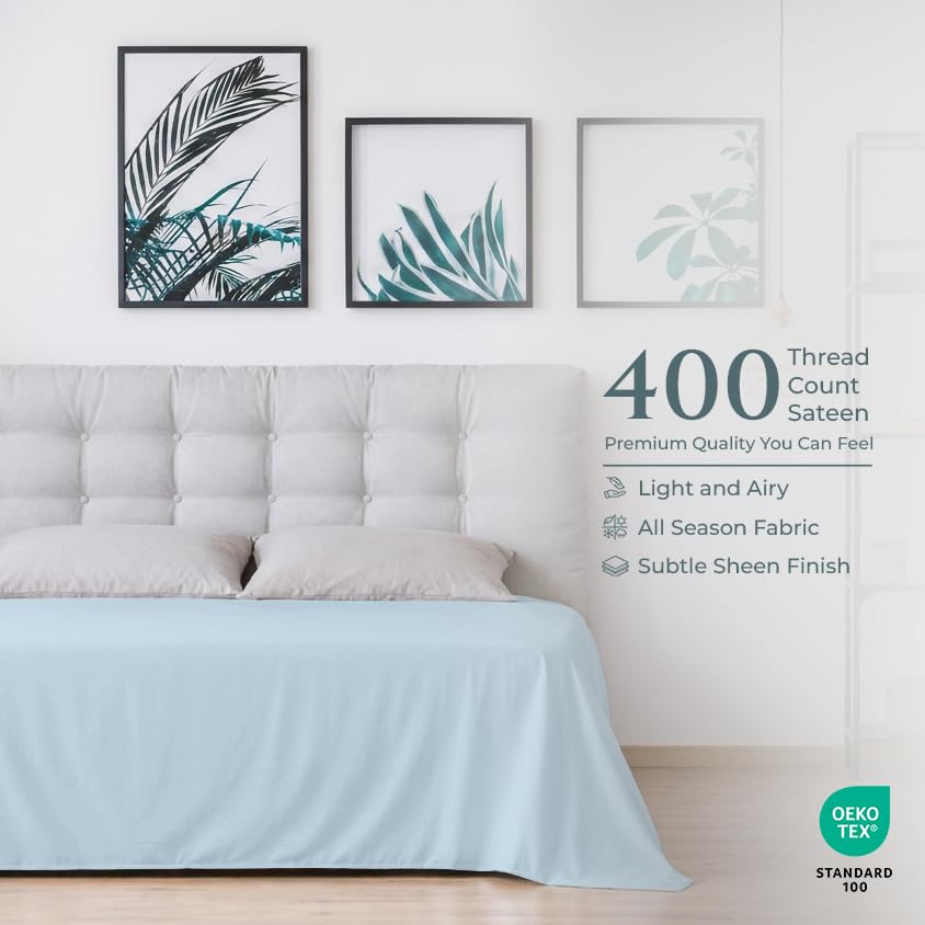 Image of Royale Linen 400 Thread Count 100% Cotton Flat Sheets Only - Cooling Flat Bed Sheets - Queen Flat Sheet Sold Separately - Luxury Sateen Weave - Breathable & Super Soft (Queen, Caribbean Blue)