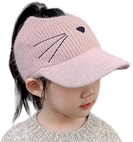 Messy-Bun Ponytail-Knit-Visor Beanie-Hat for Littles Girls 2 to 7 Years Outdoor Warm Basball-Cap3