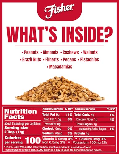 Image of Fisher Mixed Nuts Ice Cream Topping, 5 oz, Peanuts, Almonds, Cashews, Walnuts, Brazil Nuts, Filberts, Pecans, Pistachios & Macadamias, Gluten-Free, No Added Sugars, Ice Cream, Yogurt, Salad Toppings