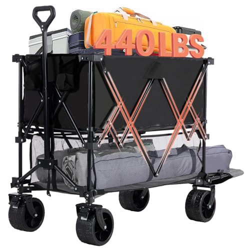 DUMOS 440LBS Heavy Duty Double Decker Wagon with 51IN Extender 400L Large Capacity Collapsible Garden Cart All-Terrain 7IN Wheels with Brakes Foldable Utility Wagon for Shopping Camping Black