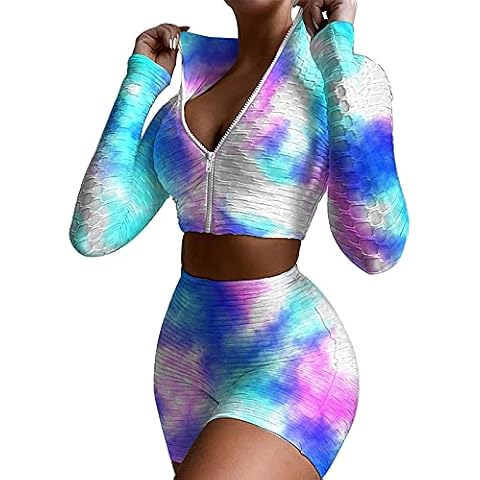 Women Seamless Workout Outfit 2 Piece Honeycomb High Waist Short Leggings with Stand Collar Zipper Long Sleeve Crop Top Yoga Clothes Set (Blue_1, S) Cover