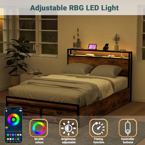 Queen Bed Frame with 8 Storage Drawers, Queen Metal Bed Frame with LED Light and Charging Station, Heavy Duty Metal Slats, No Box Spring Needed, Rustic Brown - Image 5