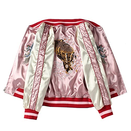 Tiger Embroidered Women Bomber Baseball Jacket Japan Harajuku Female Coat,Pink,L