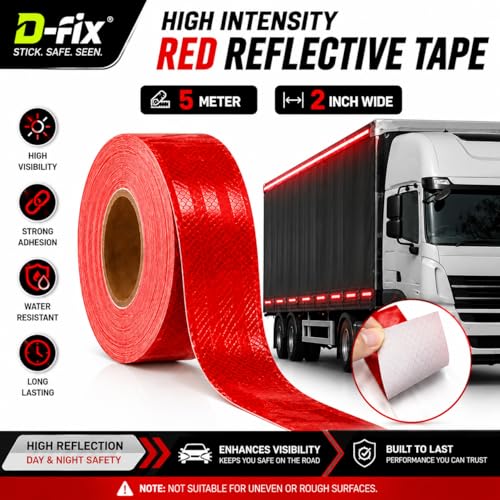 Image of D-fix High Intensity Radium Reflective Tape - 5 Meters in Length - 48mm / 2 inch Width - 1 Roll Per Pack - Car Bike and commercial vehicles Conspicuity reflective warning Tape Reflective tape-Red