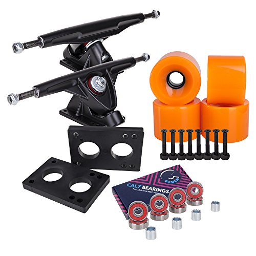 Cal 7 Longboard Skateboard Combo Package with 70mm Wheels & 180mm Lightweight Aluminum Trucks, Bearings Complete Set & Steel Hardware (Black Truck + Solid Orange Wheels)