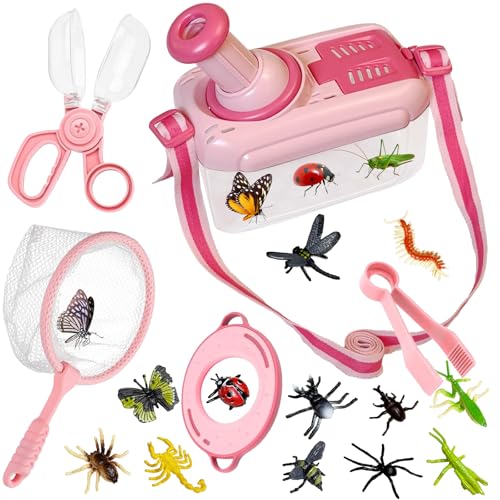 Kulveanju Kit Explorador Niños 17 en 1, Caza Insectos con Caja y Red de Mariposas, Pinzas, 12 Insectos Juguete, Juegos Aire Libre, Cumpleaños 3-6 Años, Rosa