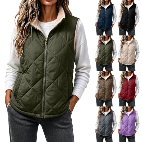 Fall Jackets For Women Puffer vest women Full Zip Quilted Fleece Padded Sleeveless jacket loose casual fall winter warm trendy outfits Coat Army Green L - image 1