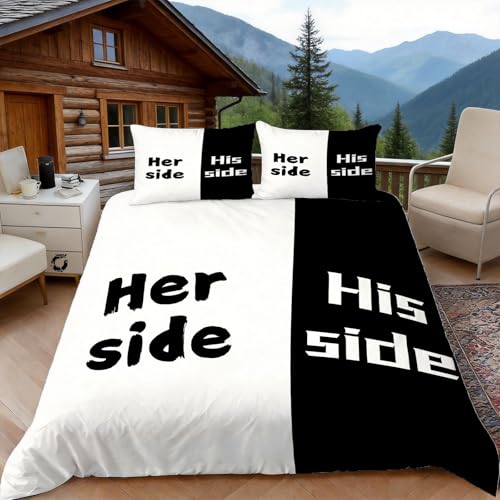 3D Her Side His Side Bettwäsche 200x200 Paare Bettwäsche-Sets, Microfaser Bettbezug 3 Teilig Duvet Cover mit Reißverschluss und 2 Kissenbezug 80x80cm