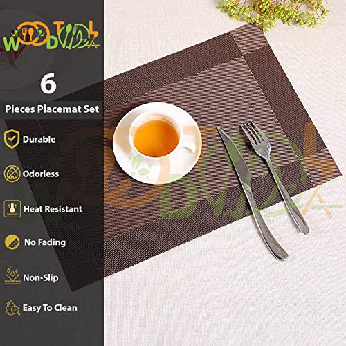 Image of Table Mats Set of 6 for Kitchen Dining Table with Runner - Washable PVC Placemats - Woven Vinyl Placemat - Table Runner (6-Piece Placemat, 1-Piece Runner, Brown)