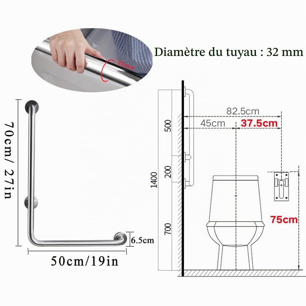 Barres D'Appui pour Salle de Bain,70x50cm en Acier Inoxydable Barre D'Appui de Douche en Forme de L,Idéal pour Les Femmes Enceintes, Les Personnes âgées et Les Personnes Hand(Size:poli,Color:droit)