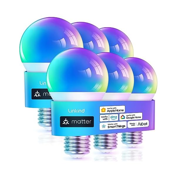 Linkind Matter Smart RGBTW Bulb, WiFi Smart Light Bulbs, Work with Apple Home, Siri, Alexa, Google Home, SmartThings, Color Changing Light Bulbs Mood Light, Music Sync, A19 E26 60W, 2.4Ghz WiFi 6 Pack
