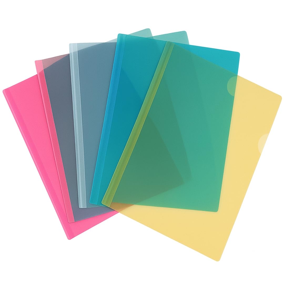 SPS Cartellina portadocumenti in plastica trasparente, formato A4, con barra scorrevole, multicolore, confezione da 10