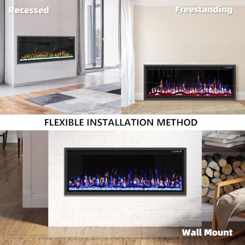 Image of Kucreiheat Electric Fireplace-50'' Luxury Fireplace Wall Mounted & Recessed, Ultra-Slim with Log & Crystal, Remote Control, Thermostat, Timer, 750W /1500W Heater