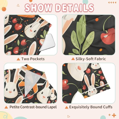 senya Cherries and Rabbit Faces Satin Summer Pajama Sets Silk Short Sleeve Button Down Sleepwear3