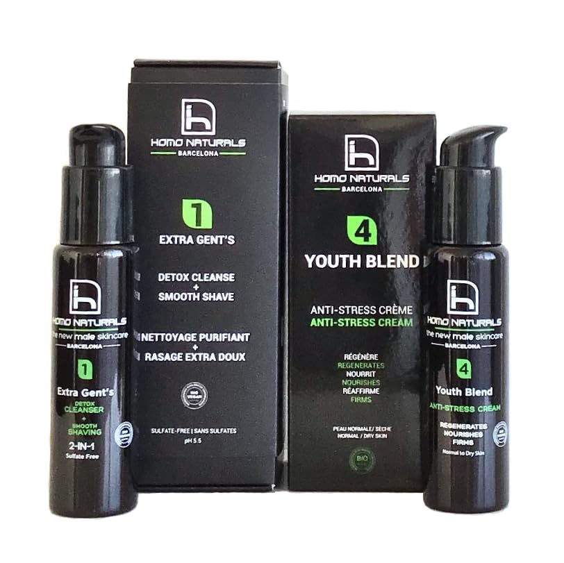 Homo Naturals Limpiador Facial + Crema Antiarrugas - Pack Regalo Hombres - Kit de Cuidado Facial Hombres - Cosmetica Masculina - Regalos para Hombre - Tratamiento Facial 100% Natural & BIO
